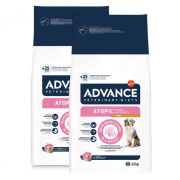 Oferta 2 saci x 12 kg Hrana dietetica pentru caini Advance Atopic Derma Care cu iepure