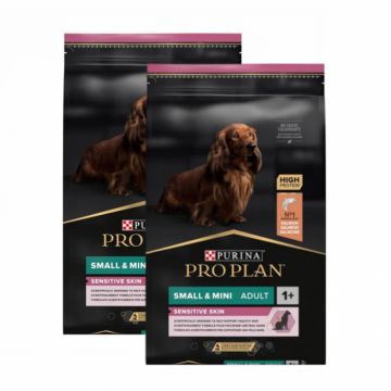 Oferta 2 saci x 7 kg Hrana uscata pentru caini Pro Plan Small  Mini Adult Sensitive Skin cu somon