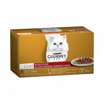 Pachet conserve Gourmet Gold cu curcan  rata , vita , pui  ficat , somon  pui 4 x 85 gr