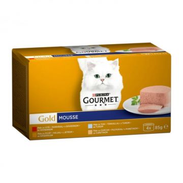 Pachet conserve Gourmet Gold Mousse cu vita , ton , ficat  curcan 4 x 85 gr