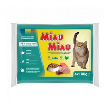 Pachet cu hrana umeda pentru pisici Miau Miau Mixt cu somon  curcan 4 buc x 100 gr