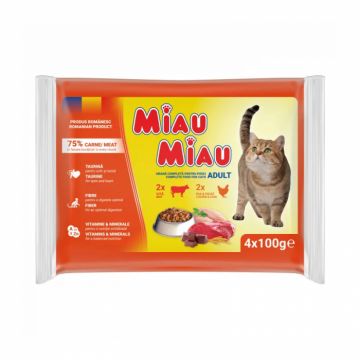 Pachet cu hrana umeda pentru pisici Miau Miau Mixt cu vita  pui si ficat 4 buc x 100 gr