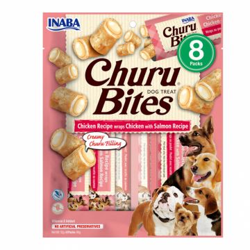 Recompense pentru caini Churu Bites cu pui  somon 8 buc x 12 gr