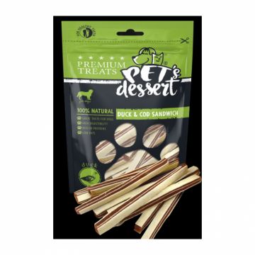 Recompense pentru caini Pet s Desert Duck  Cod Sandwich 80 gr