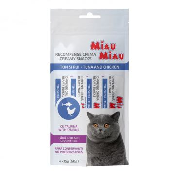 Recompense pentru pisici Miau Miau Creamy Snacks cu ton  pui 4 buc x 15 gr