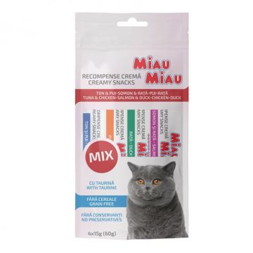 Recompense pentru pisici Miau Miau Creamy Snacks Mix cu pui ,rata ,somon  ton 4 buc x 15 gr