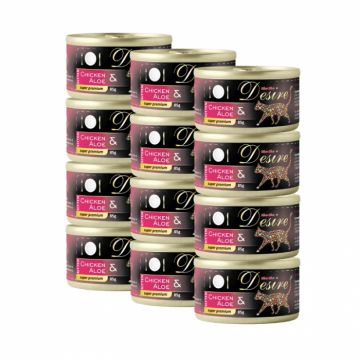 Set 12 buc x 85 gr Conserve pentru pisici Desire Kitten cu pui  aloe in gelatina