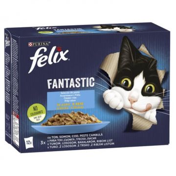 Set 12 buc x 85 gr Hrana umeda pentru pisici Felix Fantastic cu ton, somon, cod  peste cambula