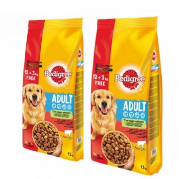 Set 2 saci x Hrana uscata pentru caini Pedigree Adult cu vita  legume 12+3 kg GRATIS