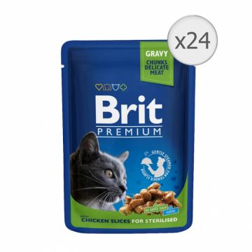 Set 24 buc x 100 gr Hrana umeda pentru pisici Brit Sterilised cu pui