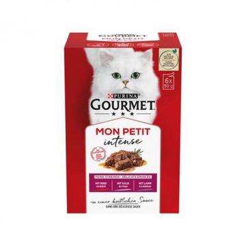 Set 6 buc x 50 gr Hrana umeda pentru pisici Gourmet Mon Petit cu vita, vanat  ficat