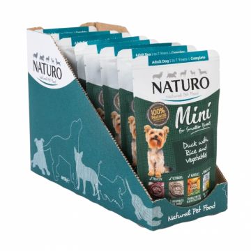 Set 8 buc x 150 gr Hrana umeda pentru caini Naturo Mini Adult cu rata  orez
