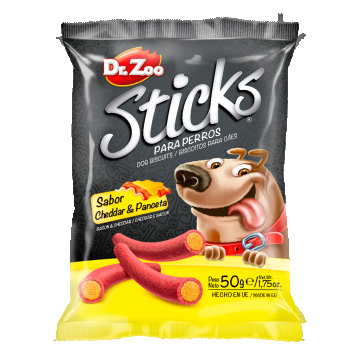 Dr Zoo Sticks, recompense caini, Cheddar si Bacon, 50 g