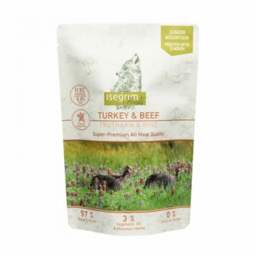 Hrana umeda pentru caini Isegrim Junior Mountain cu curcan  vita 410 gr