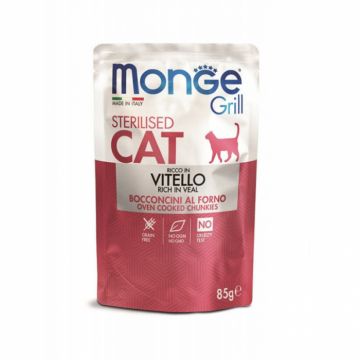 Hrana umeda pentru pisici Monge Grill Chunkies Sterilised cu vitel 85 gr