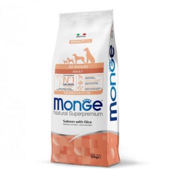 Hrana uscata pentru caini Monge Natural Superpremium Adult cu somon 12 kg