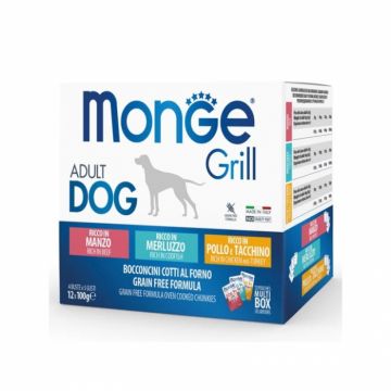 Set 12 buc x 100 gr Hrana umeda pentru caini Multipack Monge Grill Chunkies cu vita, cod  pui