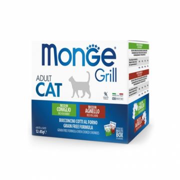 Set 12 buc x 85 gr Hrana umeda pentru pisici Multipack Monge Grill Chunkies cu iepure  miel