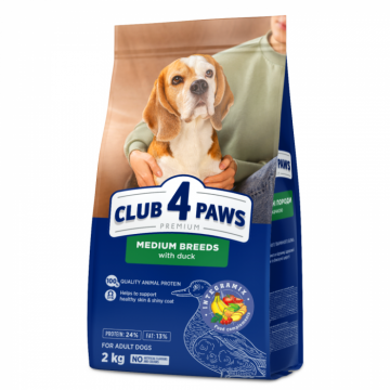 Club 4 Paws, Hrana uscata caini adulti, talie medie, cu rata, 2kg