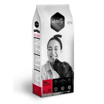 Hrana uscata pentru caini Amity Premium Adult, Vita si orez 15 kg