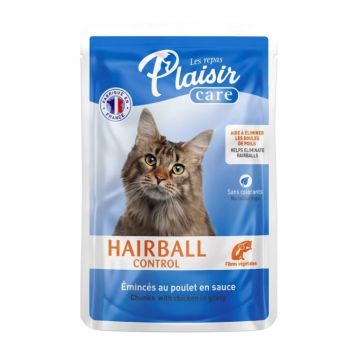 Hrana umeda pentru caini Plaisir Hairball Control, Pui, 85g