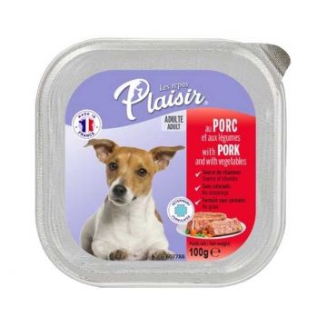 Hrana umeda pentru caini Plaisir, Porc, 100g