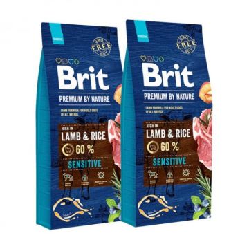 Oferta 2 saci x 15 kg Hrana uscata pentru caini Brit Premium Sensitive cu miel  orez