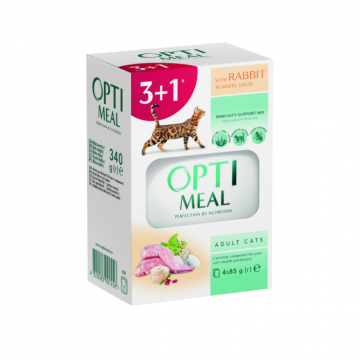 Optimeal, Hrana umeda, pisici adulte, Iepure in sos alb, set 3+1, 4x85g