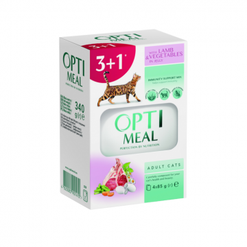Optimeal, Hrana umeda, pisici adulte, Miel si legume in jeleu, set 3+1, 4x85g