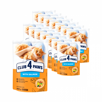 Pachet 15x300g, Club 4 Paws Premium, cu somon ,   Hrana uscata pisici adulte 4.5kg