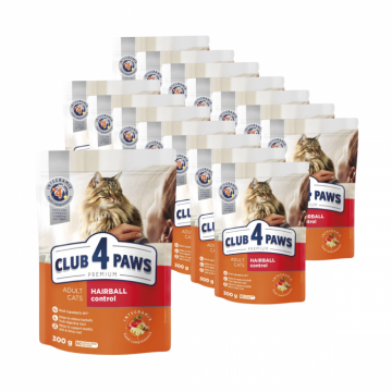 Pachet 15x300g, Club 4 Paws Premium, Hairball Control ,   Hrana uscata pentru pisici adulte 4.5kg