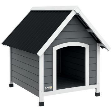 PawHut Căsuță pentru câine de exterior din lemn cu podea detașabilă, adăpost înalt din lemn pentru câini, 75 x 88 x 82 cm, gri | Aosom Romania
