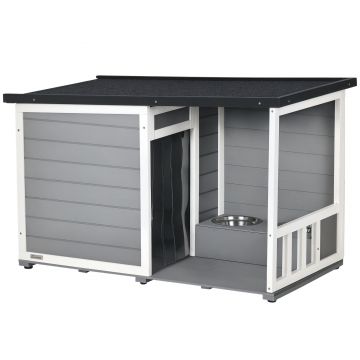 PawHut Căsuță pentru câini din lemn masiv, cu 2 boluri, verandă, rezistent la intemperii, 103 cm x 62 cm x 66 cm, Gri + Alb | Aosom Romania