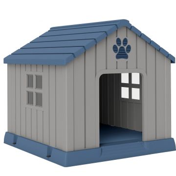 PawHut Căsuță pentru Câini din Plastic pentru Exterior, Impermeabilă, pentru Câini de Talie Medie cu Bază Ridicată, Ferestre și Acoperiș pentru Grădină, Patio, Terasă, Casă și Interior, 85x79x82 cm, Gri | Aosom Romania