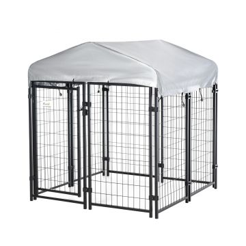 PawHut Chenar exterior cu acoperiș încuietoare pentru câine cadru din metal 120 x 120 x 138cm negru | Aosom Romania