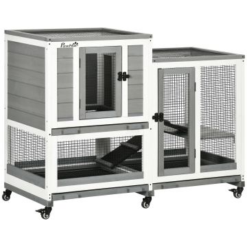 PawHut Clapier interior lemn cu roți 3 etaje rampe, 110L x 50l x 86H cm, gri și alb | Aosom Romania