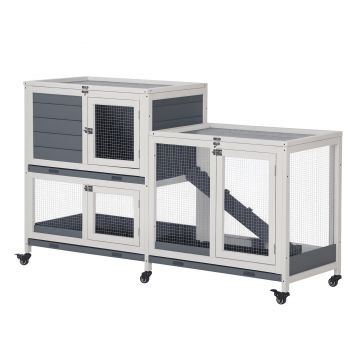 PawHut Cușcă de Lemn cu Roți 147x45,5x88,5 cm Jaulă pentru Iepuri de 2 Etaje cu Acoperiș Deschis 2 Curți din Metal 3 Tăvi Detașabile 3 Uși cu Sistem de Închidere și Rampă Gri | Aosom Romania