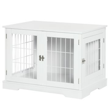 PawHut Cușcă pentru câine 2 în 1 masă de suport cu 2 uși cu sistem de siguranță - dim. 76L x 54.5l x 56H cm - Metal și MDF | Aosom Romania
