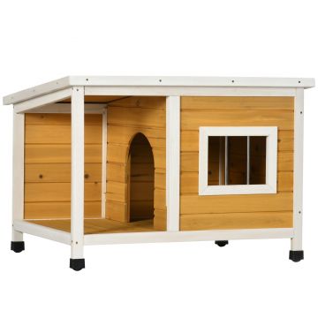 PawHut Cușcă pentru Câini de Exterior din Lemn cu Verandă Acoperită și Acoperiș Înclinat, 85.5x62x60 cm, Multicolor | Aosom Romania