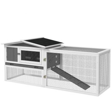 PawHut Cușca pentru iepurași din lemn de brad, casă pentru animale mici cu acoperiș din asfalt, Gehege pentru animale mici, 156 x 58 x 68 cm, Gri deschis | Aosom Romania