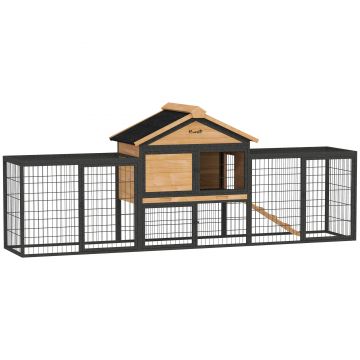 PawHut Cușcă pentru iepuri 2 etaje din lemn masiv rezistent la iarnă Doppelstockhaus cu box de alergare 217x53x86 cm Galben | Aosom Romania