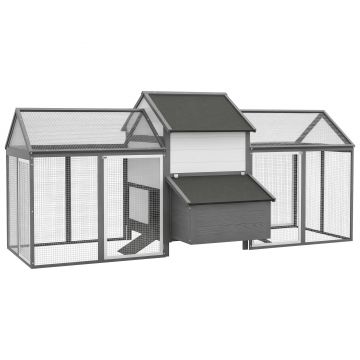 PawHut Cușcă pentru pui din lemn cu 2 încapuși modulabile și 1 cuib, 1 cuib de ouă, sertar pentru dejecții, 247 x 125 x 113,5 cm, gri | Aosom Romania