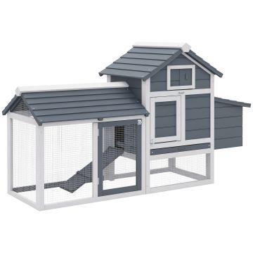 PawHut Cușcă pentru șuri cu 2 curți de sârmă, acoperiș deschis, cuib cu sertar detașabil și rampă 150,5x54x87 cm Gri | Aosom Romania
