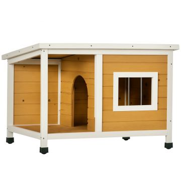 PawHut Cuib pentru câine la exterior casă pentru câine interioară din lemn cu acoperiș deschizător și fereastră 85,5L x 62l x 60H cm portocaliu | Aosom Romania