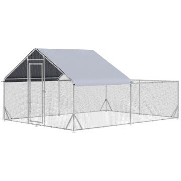 PawHut Grajd pentru pui cu excrocodil volieră exterior 12 m² - parc cu plasă dim. 4L x 3l x 2H m - spațiu acoperit - oțel galvanizat | Aosom Romania