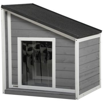 PawHut Hundehütte din lemn masiv, rezistent la intemperii, acoperiș din șindrilă, 71 cm x 58 cm x 77 cm, Gri + Alb | Aosom Romania