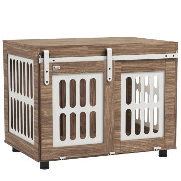PawHut Meuble cușcă pentru câini cu ușă glisantă, casă pentru câini de talie medie, masă de cafea, 80 x 59 x 63 cm, nuc | Aosom Romania