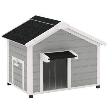 PawHut Niche pentru câini exterioară din lemn masiv casă pentru câini cu acoperiș deschis cort de ușă 95 x 68 x 76 cm gri deschis | Aosom Romania