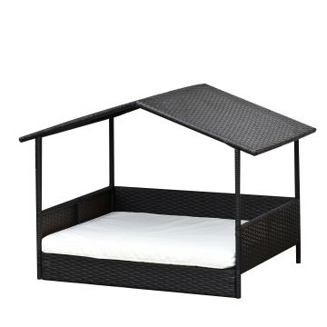 PawHut Pat Ratan pentru Câini cu Acoperiș pentru Exterior, Pat ridicat pentru câini mici și medii, Pat răcoros pentru Animale de Companie cu Cadru din Metal, Pat pentru Exterior, 69 x 98 x 70 cm, Cafea-Brun | Aosom Romania