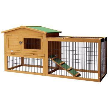 PawHut Tarc pentru iepuri 2 nivele Kaninchenstall Lemn de brad rezistent la iarna Doppelstockhaus cu Freilaufgehege Rampa 150x52x68 cm Galben | Aosom Romania